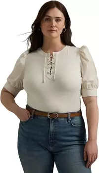Топ Lauren Ralph Lauren Plus Size Lace-Up Stretch Cotton Puff-Sleeve Top, цвет Mascarpone Cream