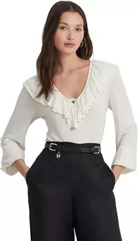 Топ LAUREN Ralph Lauren Ruffle-Trim Jersey Tie-Neck Top, цвет Mascarpone Cream