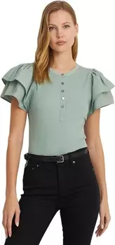 Топ LAUREN Ralph Lauren Stretch Cotton Flutter-Sleeve Henley Top, цвет Soft Laurel