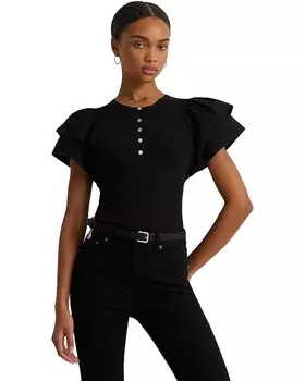 Топ LAUREN Ralph Lauren Stretch Cotton Flutter-Sleeve Henley, черный