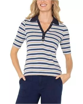 Топ Liverpool Los Angeles Shirred Half Sleeve Collared Henley Knit Top, цвет Blue Multi Stripe