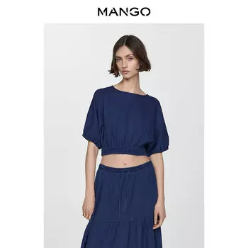 Топ Mango с пышными рукавами и круглым вырезом, темно-синий