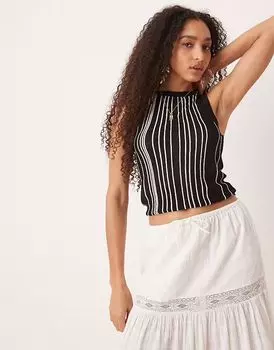 Топ Mango slim fit из тонкой трикотажной ткани в полоску черного цвета