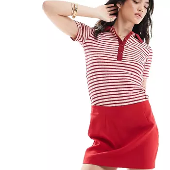 Топ Mango Stripe Polo Neck, красный/белый