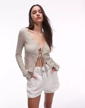 Топ Mango textured tie front top in putty