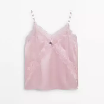 Топ Massimo Dutti Camisole Lace Detail Studio, розовый