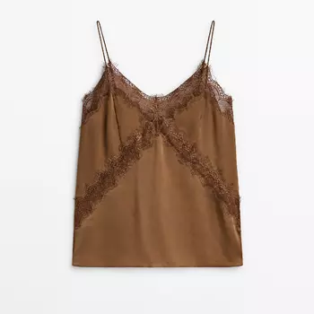 Топ Massimo Dutti Satin Camisole With Lace Detail - Studio, коричневый