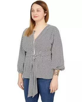 Топ Max Studio Crepe Long Sleeve Tie Front Top, цвет Ivory/Black Micro Checks