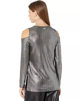 Топ Michael Kors Foil Rib Long Sleeve Cold-Shoulder Top, черный/серебряный