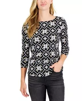 Топ миниатюрного хлопка с вырезом-лодочкой и смешанным принтом, созданный для macy's Charter Club, мульти