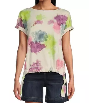 Топ миниатюрного размера в западном направлении с круглым вырезом и короткими рукавами и мятой талией с принтом Westbound, мультиколор