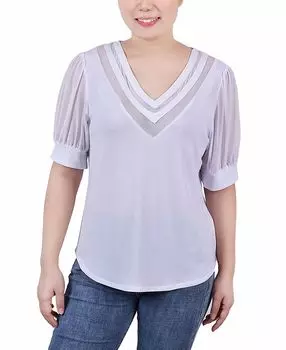 Топ миниатюрных размеров с короткими пышными рукавами и v-образным вырезом NY Collection, белый