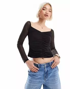 Топ Miss Selfridge Bardot с длинными рукавами и сборками, черный