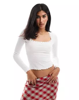 Топ Miss Selfridge – цвета слоновой кости с длинными рукавами, квадратным вырезом и кружевной отделкой