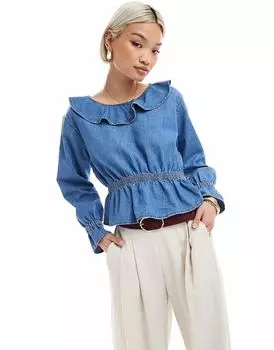 Топ Miss Selfridge из шамбре с оборками и баской, цвет средневыстиранный