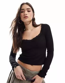 Топ Miss Selfridge с длинными рукавами и отделкой из кружева в рубчик