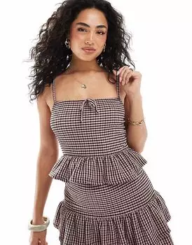 Топ Miss Selfridge в жатую клетку виши с оборкой в пыльно-розовом цвете