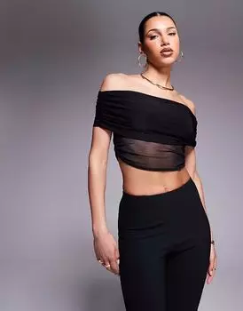 Топ Missyempire double layered slinky mesh detail off the shoulder fold over top in black