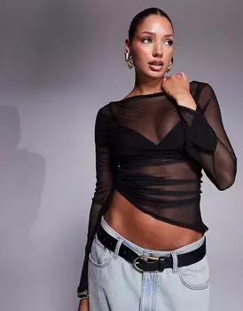 Топ Missyempire из сетки с расклешенными рукавами и сборками по бокам, черного цвета