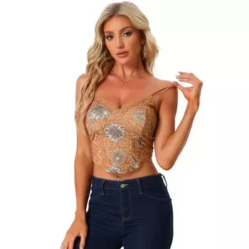 Топ на бретельках для женщин, укороченные топы на бретелях для клубных вечеринок с цветочным принтом ALLEGRA K, коричневый