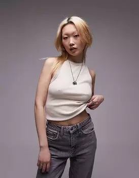 Топ на бретельках приталенного кроя Topshop Petite – бежевого цвета в рубчик