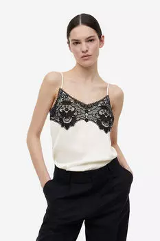 Топ на бретельках с кружевной отделкой H&M, бежевый