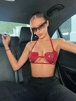 Топ на бретельках Shein Icon в форме сердца со стразами и чашками, красный