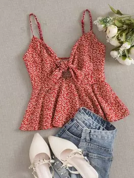 Топ на бретельках Shein WYWH Vacation Ditsy Floral с баской и завязками, красный / белый