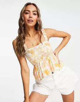 Топ на бретельках со сборками и оборками Miss Selfridge с цветочным принтом ручной росписи