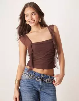 Топ на бретелях из легкой сетки с рюшами шоколадного цвета от ASOS DESIGN