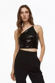 Топ на одно плечо с пайетками H&M, черный/блестки