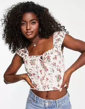 Топ на пуговицах ASOS DESIGN с кружевной вставкой и присборенным рукавом с цветочным принтом