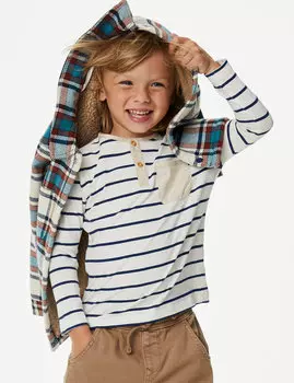 Топ на пуговицах из чистого хлопка в бретонскую полоску (2–8 лет) Marks & Spencer, синий микс