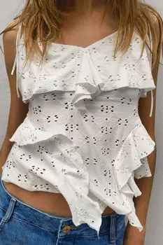 Топ на ремешках со швейцарской вышивкой ZARA, белый