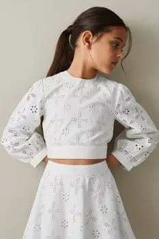 Топ Nella из хлопкового шитья с кружевом и бантом на спине Reiss, белый