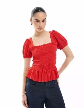 Топ New Look с присборенным лифом и рукавами-фонариками красного цвета