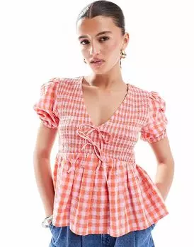 Топ New Look с завязками и сборками в красную клетку