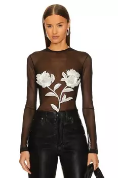 Топ Norma Kamali Long Sleeve Crewneck Rafia Floral Embroidered, цвет Black & Snow White