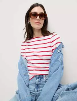 Топ облегающего кроя с вырезом-лодочкой из чистого хлопка в полоску Marks & Spencer, ярко-красный