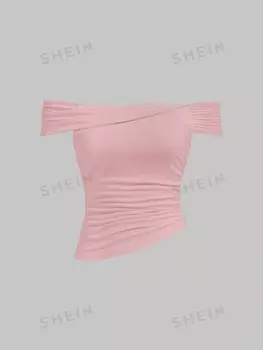 Топ облегающий Shein Mod с открытыми плечами, розовый