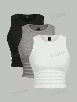 Топ облегающий женский Shein Ezwear с круглым вырезом, черный / серый / белый