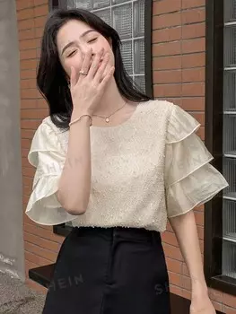 Топ, однотонный, многослойный, с рукавами Dazy, абрикосовый