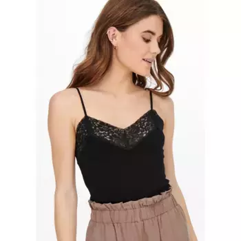 Топ ONLY спагетти "ONLTILDE RIB LACE SINGLET", с кружевом, черный