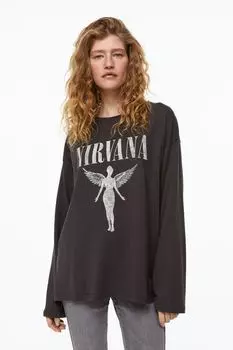 Топ оверсайз с набивным рисунком H&amp;M, темно-серый/нирвана