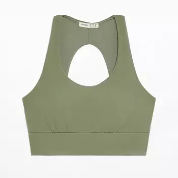 Топ Oysho Medium-Support Comfortlux Open-Back With Cups, светлый хаки