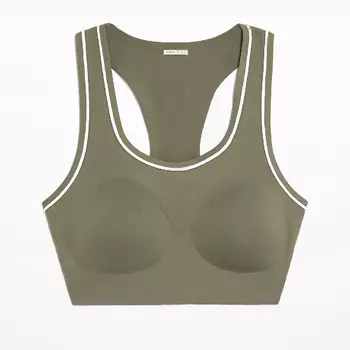 Топ Oysho Medium-support Perfect-adapt Sports With Cups And Piping, светлый хаки