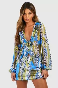 Топ передней с завязкой из абстрактного шифона Boohoo, синий