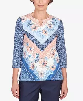 Топ Petite A Fresh Start с шевронным цветочным принтом и разрезом на шее Alfred Dunner, мультиколор