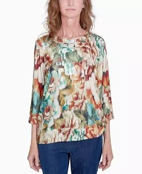 Топ Petite Classics Earth с цветочным принтом и круглым вырезом Alfred Dunner, мультиколор