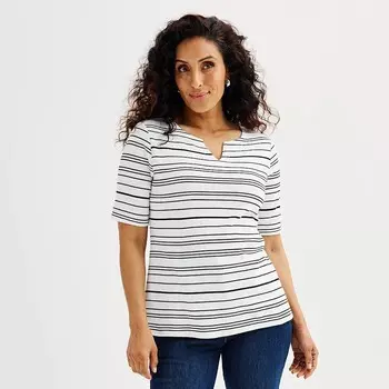 Топ Petite Croft & Barrow с рукавами до локтя и разрезом по горловине, цвет Black Breezy Stripe